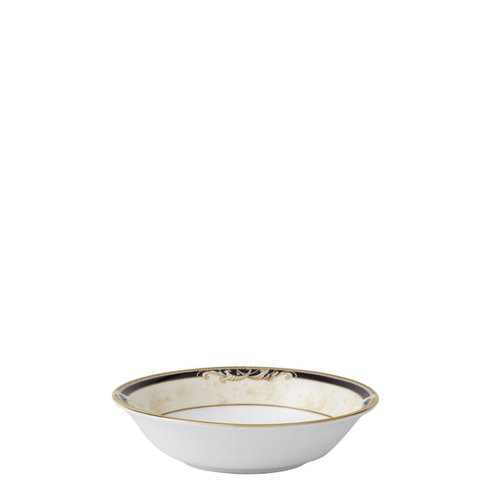Wedgwood Cornucopia Cereal Bowl 16cm  Wedgwood Cornucopia is inspired by the mythical 'Horn of Plenty,' and is characterized by designs featuring legendary creatures like unicorns and satyrs. The collection is made from fine bone china whiteware and decorated with wide band of ivory parchment, ribboned by dark navy, roped with an ochre accent and rimmed in lustrous 22-carat gold.