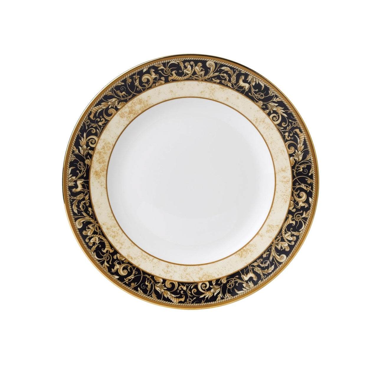 Wedgwood Cornucopia Side Plate Accent 20cm  Wedgwood Cornucopia is inspired by the mythical 'Horn of Plenty,' and is characterized by designs featuring legendary creatures like unicorns and satyrs. The collection is made from fine bone china whiteware and decorated with wide band of ivory parchment, ribboned by dark navy, roped with an ochre accent and rimmed in lustrous 22-carat gold.