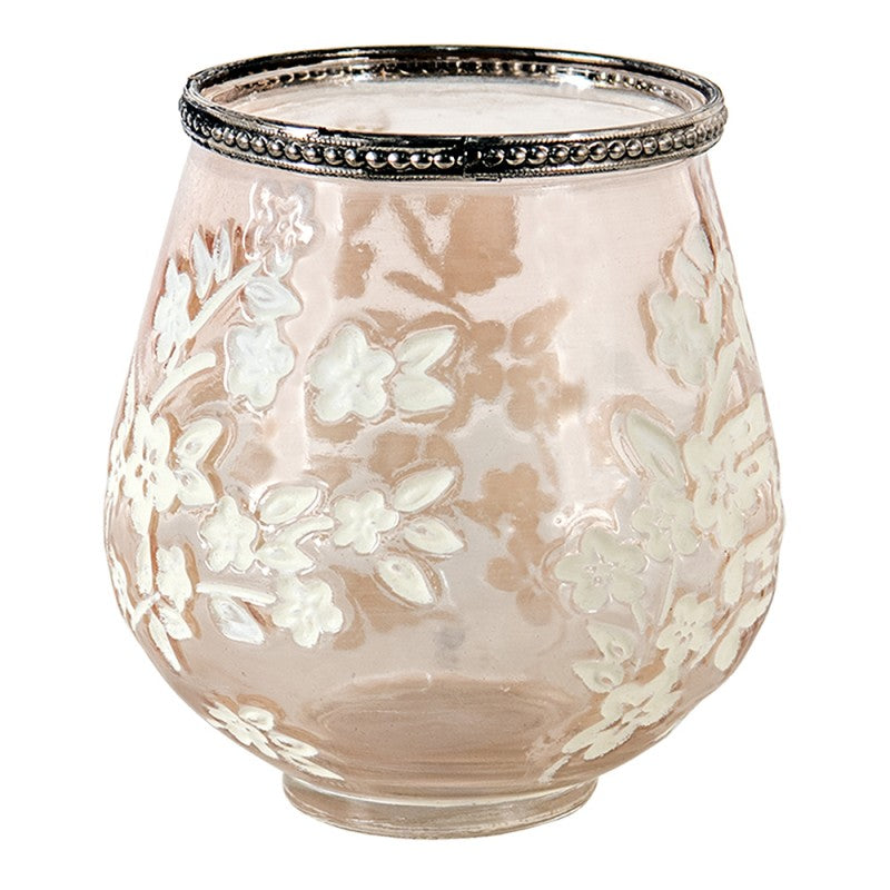 Clayre & Eef Country Style Brown Round Tealight Candle Holder  Glass Tea Light Holder Ø 12*13 cm  Brown, White Round Tealight Candle Holde