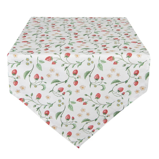 Clayre & Eef Country Style White Cotton Strawberries Rectangle Tablecloth Runner  White, Red, Green Cotton Strawberries Rectangle Tablecloth Runner