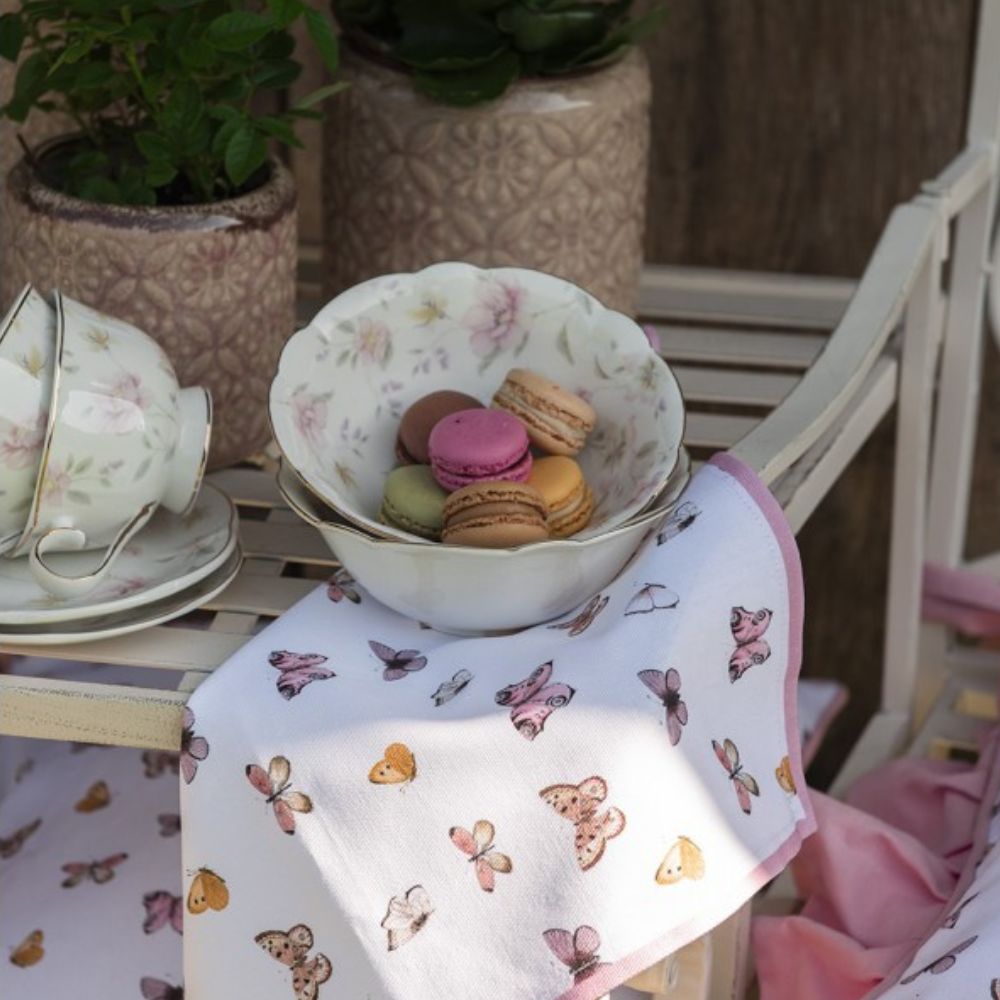 Clayre & Eef Beige Pink Cotton Table Runner Butterflies  Beautiful, decorative, colourful cotton table runner, with a pattern of butterflies, in a romantic style. Tablecloth