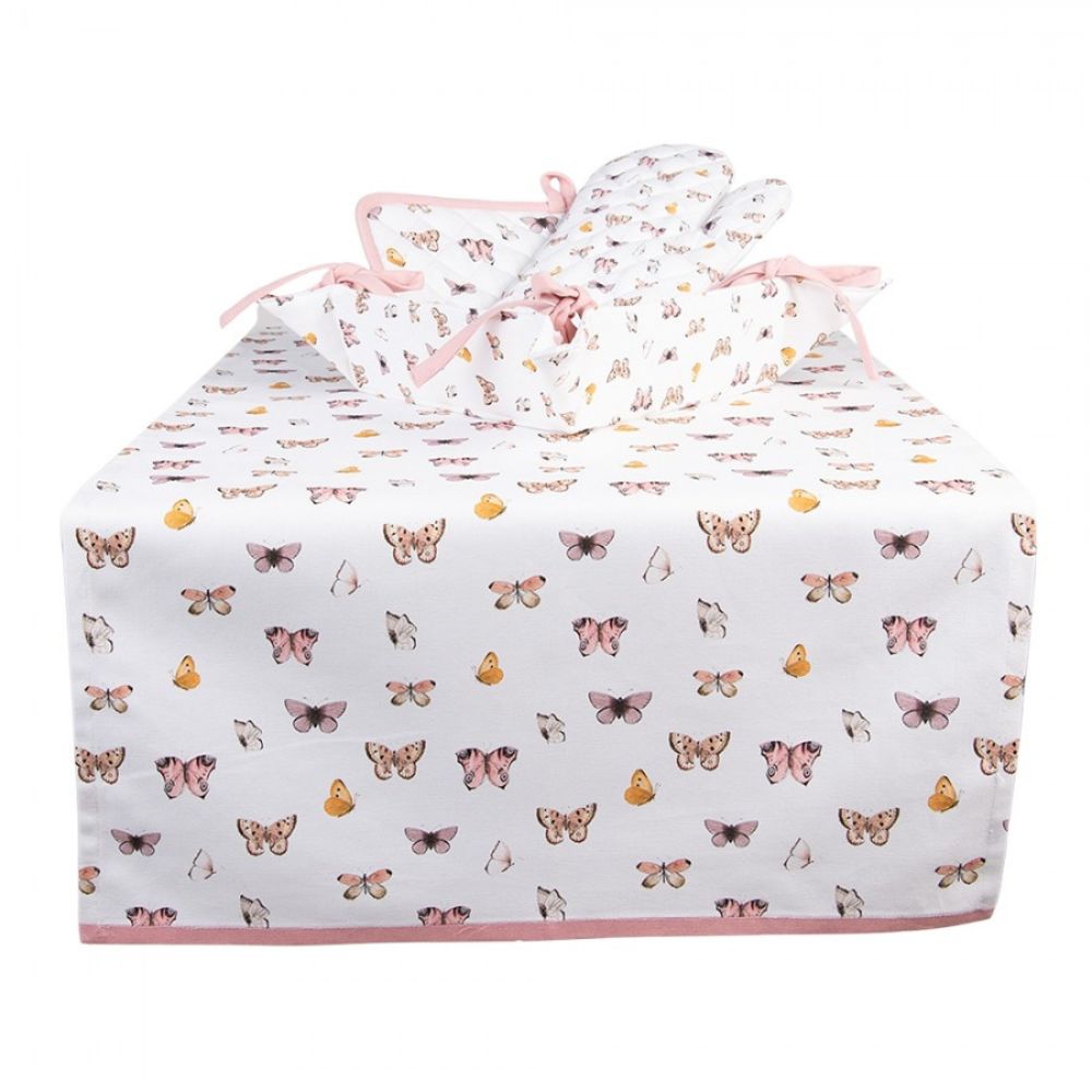Clayre & Eef Beige Pink Cotton Table Runner Butterflies  Beautiful, decorative, colourful cotton table runner, with a pattern of butterflies, in a romantic style. Tablecloth