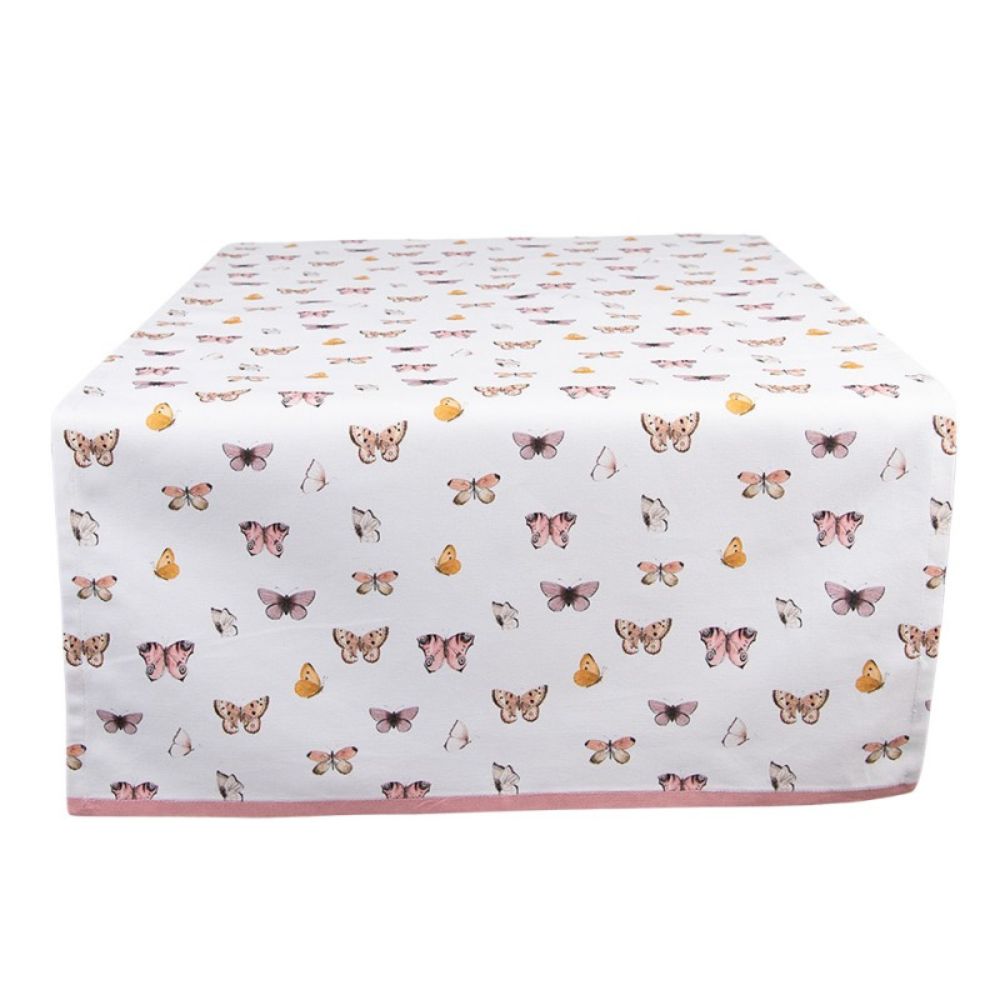 Clayre & Eef Beige Pink Cotton Table Runner Butterflies  Beautiful, decorative, colourful cotton table runner, with a pattern of butterflies, in a romantic style. Tablecloth
