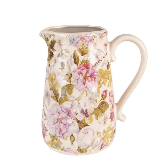 Clayre & Eef Country Style Decorative Pitcher Pink Beige Ceramic Flowers  Clayre & Eef decorative jugs look great on a table but also on a sideboard. Use the jug for decoration or fill it with pretty dried flowers. Nice for in the house or in the garden in summer.