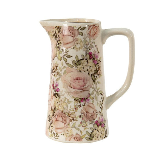 Clayre & Eef Romantic Decorative Pitcher Pink Ceramic Flowers 2100 ml