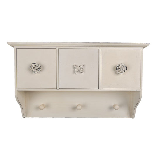 Clayre & Eef Country Style Cream Decorative Wall Coat Rack  Wall Coat Rack 3 Hooks 41*12*24 cm  White Butterfly With Flowers Rectangle Decorative Coat Rack
