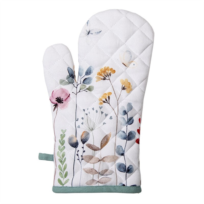 Clayre & Eef Country Style Green Cotton Flowers Oven Glove  Oven Mitt 18*30 cm  White, Green Cotton Flowers Oven Gloves