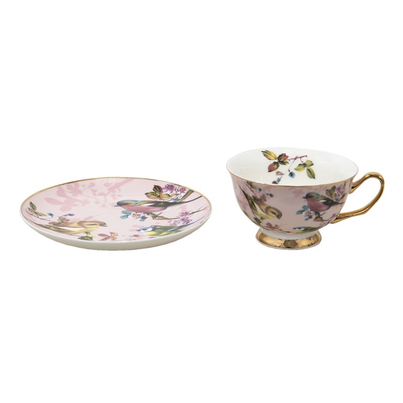 Clayre & Eef Country Style Pink Porcelain Bird Cup & Saucer  Colour: Pink Material: Porcelain