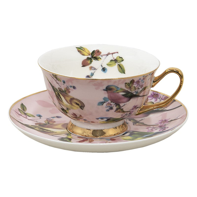 Clayre & Eef Country Style Pink Porcelain Bird Cup & Saucer  Colour: Pink Material: Porcelain