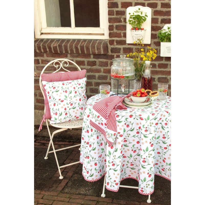Clayre & Eef Country Style White Cotton Strawberries Square Bread Basket  White, Red, Green Cotton Strawberries Square Bread Serving Basket