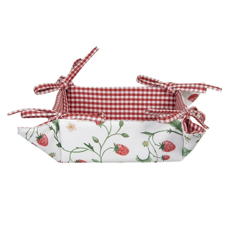 Clayre & Eef Country Style White Cotton Strawberries Square Bread Basket  White, Red, Green Cotton Strawberries Square Bread Serving Basket