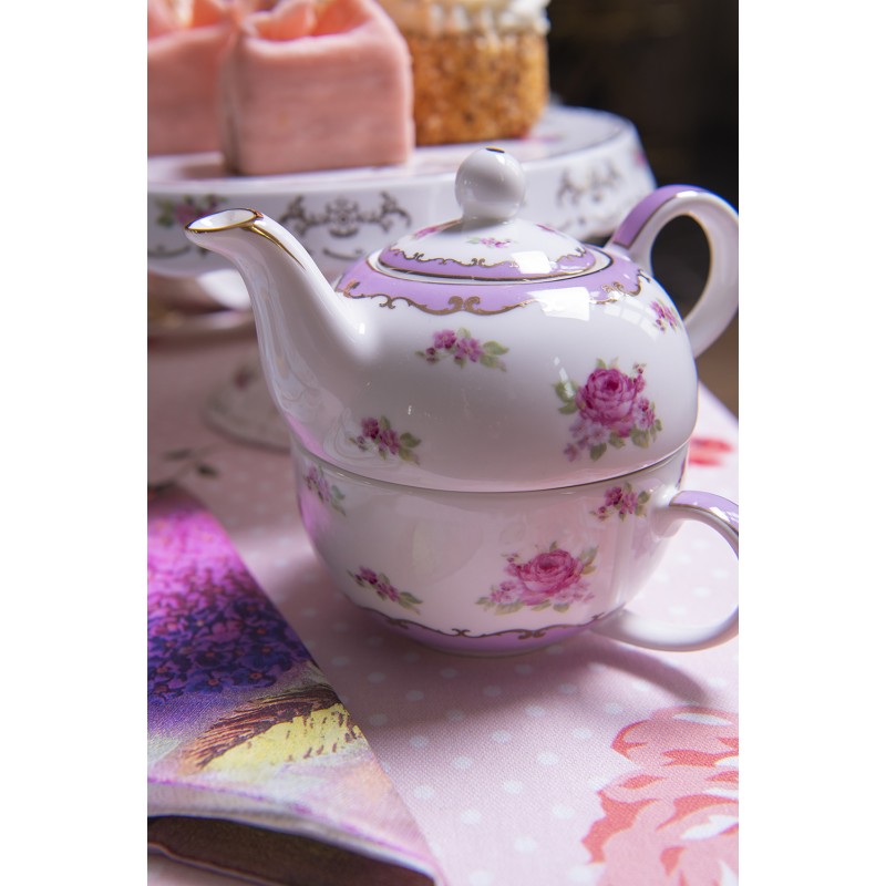 Clayre & Eef Country Style Porcelain Tea for One  White & Pink Porcelain Round Teapot Set Tea Set