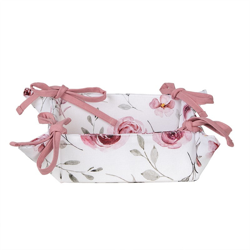Clayre & Eef Country Style White Cotton Pink Roses Square Bread Basket  White, Pink Cotton Square Bread Serving Basket