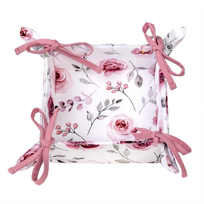 Clayre & Eef Country Style White Cotton Pink Roses Square Bread Basket  White, Pink Cotton Square Bread Serving Basket