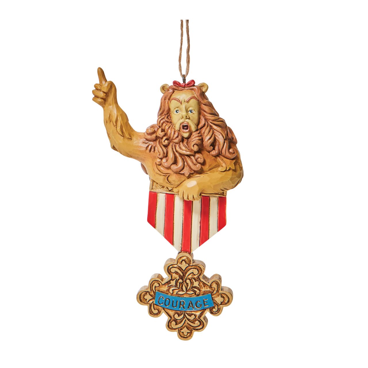 Jim Shore Cowardly Lion Courage Hanging Christmas Ornament  The Cowardly Lion has finally found his courage and it's in your tree! Bestowed with an impressive medal of honour, the no longer timid lion confidently rallies from his branch. With ambition and the daring to back it up, success is imminent.