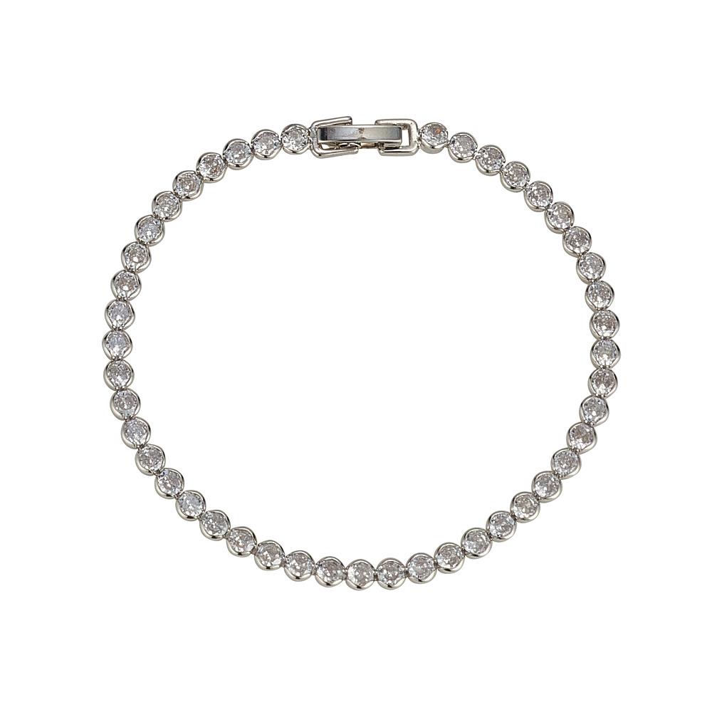 Knight & Day Dakota Silver Tennis Bracelet   Miniature rhodium plated tennis bracelet. Ideal for layering with watch or other bracelets. Fold over clip fastening.