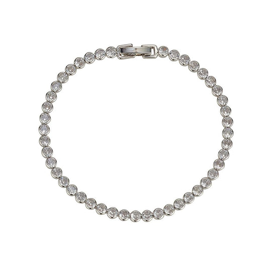 Knight & Day Dakota Silver Tennis Bracelet   Miniature rhodium plated tennis bracelet. Ideal for layering with watch or other bracelets. Fold over clip fastening.