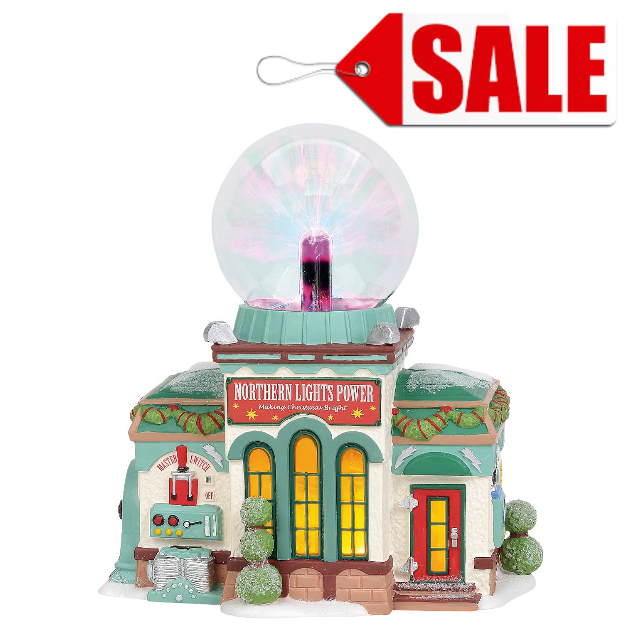 Department 56 North Pole Village Northern Lights Power Lit Building  Running a toy workshop around the clock uses a lot of electricity. Thankfully for Santa, elf scientists have harnessed the power of the Northern Lights into a limitless source of clean energy. Features a plasma globe creating electric light effect. Includes 3-pin plug.