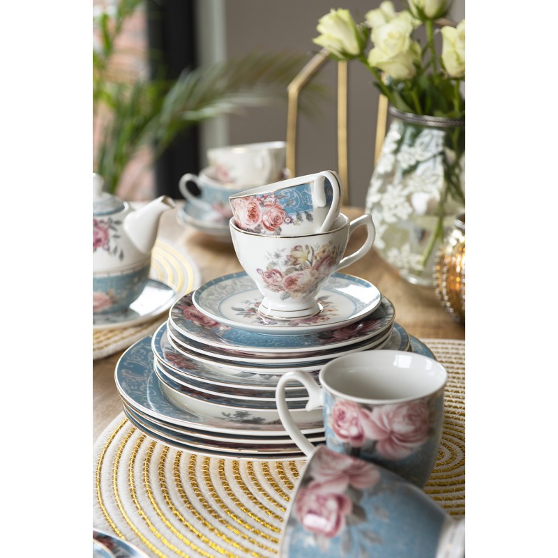 Clayre & Eef Classic Blue Porcelain Diner Plate 26 cm Red Flowers  Tableware Diner Plate Ø 26*2 cm  Blue, White Porcelain Flowers