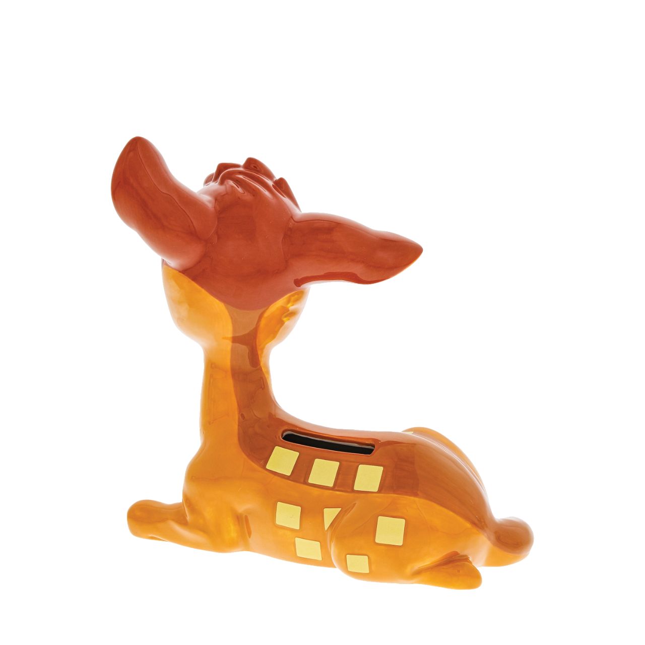 Enchanting Disney Collection The Young Prince Bambi Money Bank  Featured here is Bambi as a fawn, with his iconic orange fur coat, wheat spots and brown stripe that ran from his head down to his tail. The Young Prince sculpted ceramic money bank is perfect for any Disney fan wishing to save their pennies.