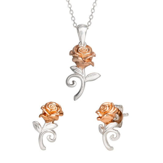 Disney Beauty & The Beast Sterling Silver & Rose Gold Plated Earrings & Pendant Set