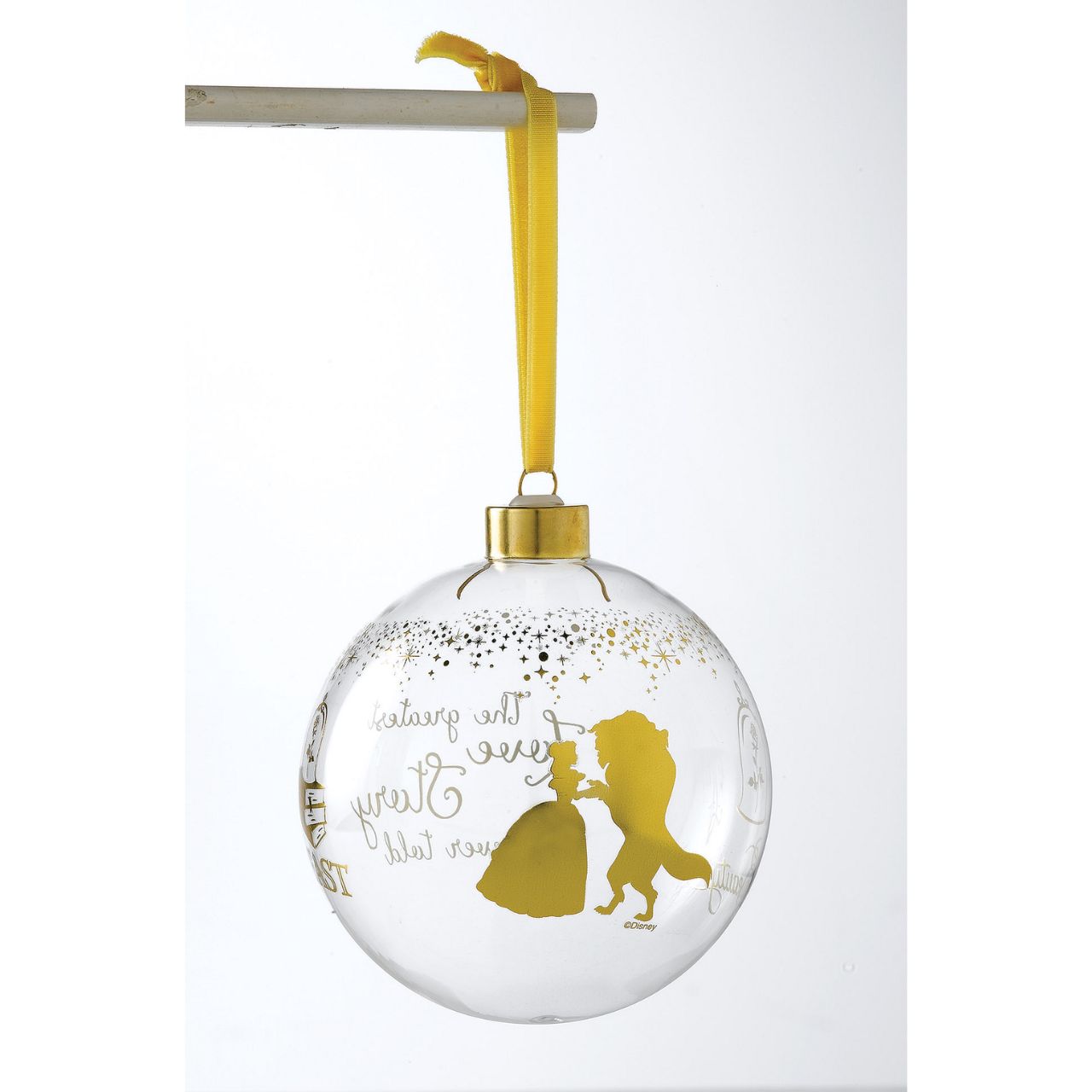 Belle Wedding Bauble  This glass Beauty and the Beast bauble is the perfect gift to remind the happy couple of their love story. The bauble is strung with gold ribbon and is presented in a Disney branded gift box. Not a toy or children's product. Intended for adults only.