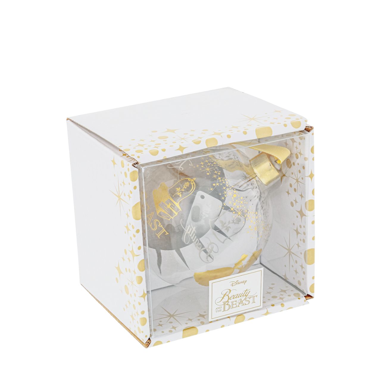 Belle Wedding Bauble  This glass Beauty and the Beast bauble is the perfect gift to remind the happy couple of their love story. The bauble is strung with gold ribbon and is presented in a Disney branded gift box. Not a toy or children's product. Intended for adults only.