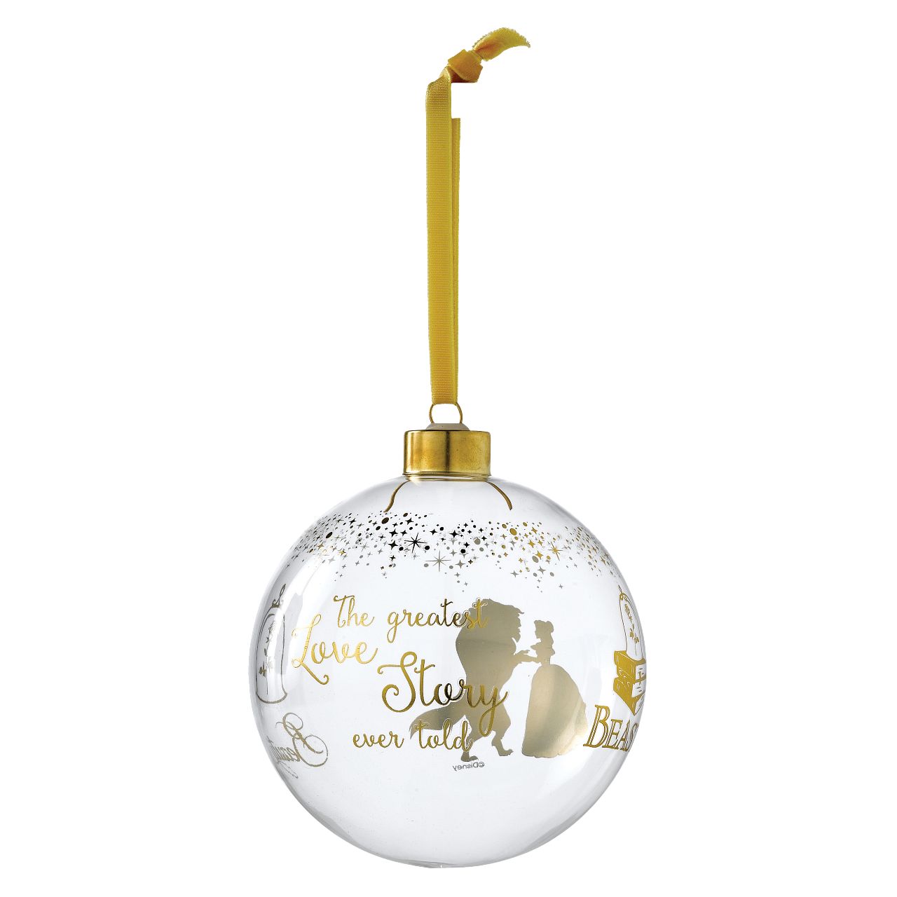 Belle Wedding Bauble  This glass Beauty and the Beast bauble is the perfect gift to remind the happy couple of their love story. The bauble is strung with gold ribbon and is presented in a Disney branded gift box. Not a toy or children's product. Intended for adults only.