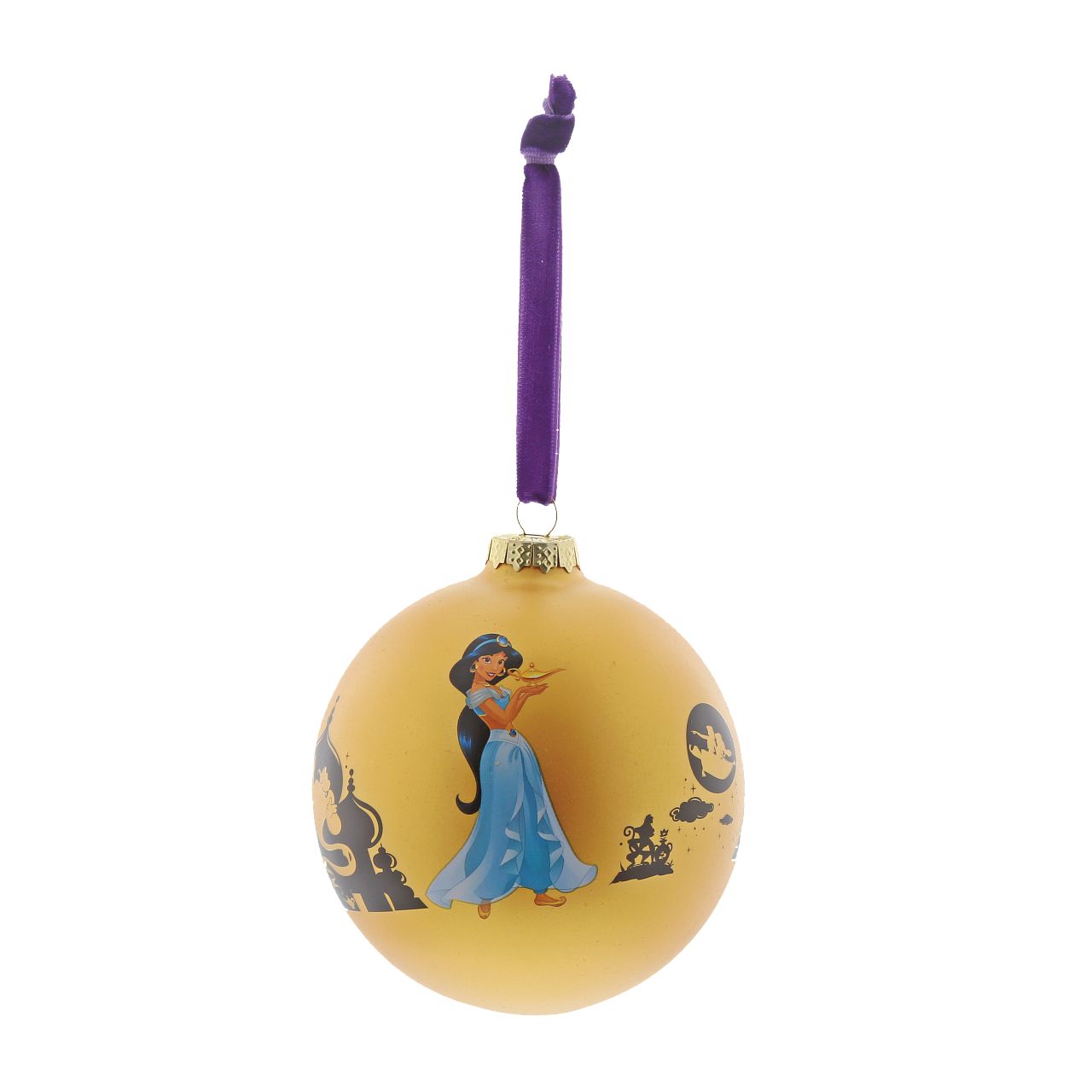 Disney Christmas Bauble Aladdin It's All So Magical  Jasmine from Disney's Aladdin can be found alongside Genie, Abu and the magic carpet in this beautiful glass bauble. This treasured keepsake would make a lovely unique gift for a friend, or a self-purchase to brighten up the home. Pre