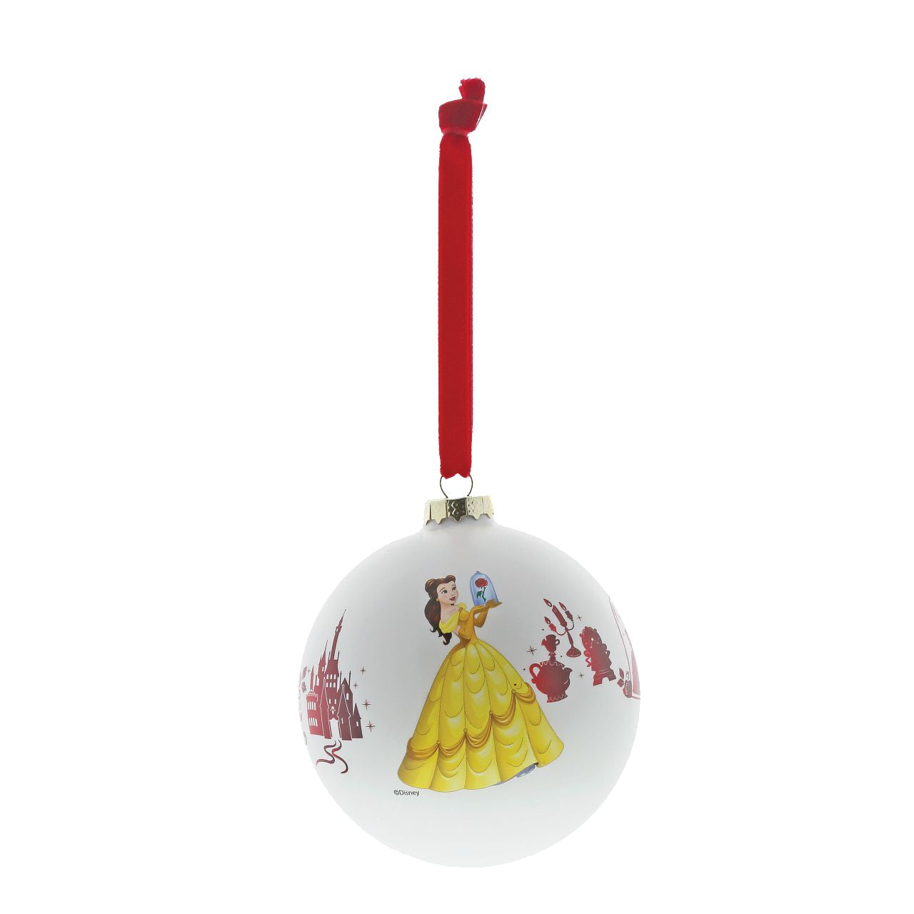 Disney Christmas Bauble Beauty and the Beast Be Our Guest  Belle stands out in her yellow dress against the red iconic Beauty and the Beast silhouettes in this beautiful glass bauble. This treasured keepsake would make a lovely unique gift for a friend, or a self-purchase to brighten up the home.