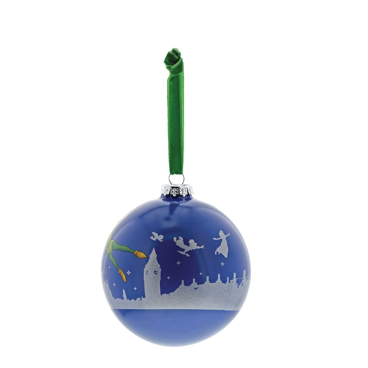 Disney Christmas Bauble Peter Pan You Can Fly  Peter Pan flys above the silhouette of London with Wendy and the boys in this beautiful glass bauble. This treasured keepsake would make a lovely unique gift for a friend, or a self-purchase to brighten up the home. Presented in a branded window box.