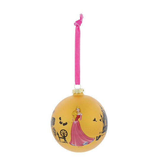 Disney Christmas Bauble Sleeping Beauty Once Upon a Dream  Enchanting Disney Collection  The princess Aurora dreams of her prince in this beautiful gold coloured glass bauble. This Sleeping Beauty treasured keepsake would make a lovely unique gift for a friend, or a self-purchase to brighten up the home. Presented in a branded window box.