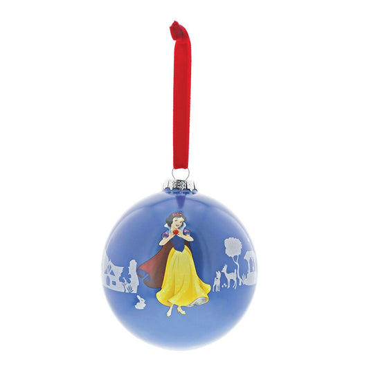 Disney Christmas Bauble Snow White and the Seven Dwarfs The Little Princess  This beautiful glass bauble shows off the kind princess, Snow White against a fairy-tale woodland silhouette. This treasured keepsake would make a lovely unique gift for a friend, or a self-purchase to brighten up the home. Presented in a branded window box.