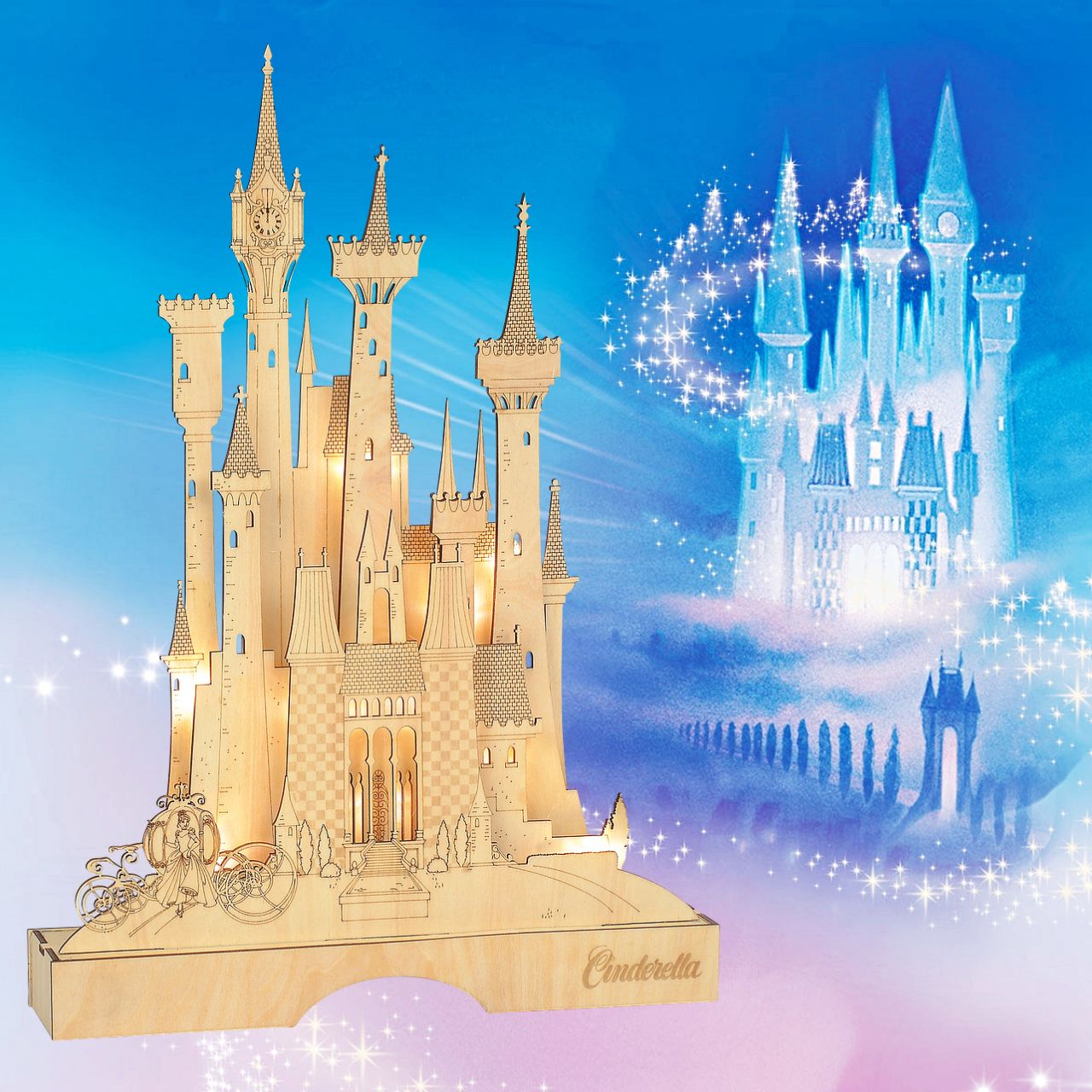 Department 56 Disney Cinderella Illuminated Castle  The King's Castle glows with a warm magic as Cinderella can be seen stepping out of her pumpkin carriage ready to meet her Prince Charming. The natural elements of the Basswood are carefully crafted and layered to build a multidimensional scene.