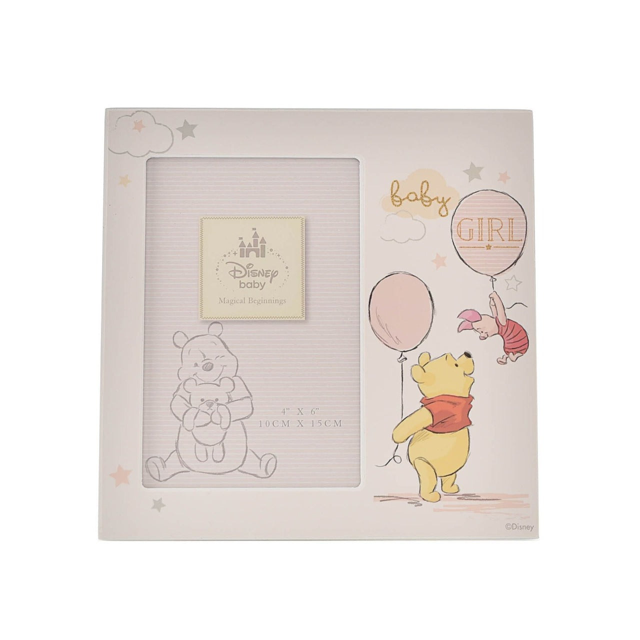 Disney Magical Beginnings Frame Pooh Baby Girl  Add a touch of Disney magic to their everyday with a wonderful Baby Girl frame from the Magical Beginnings Collection from Classic Disney.