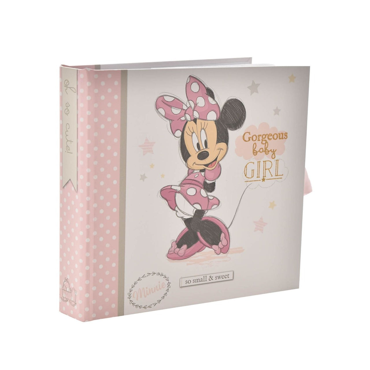 Disney Magical Beginnings Photo Album 4" x 6" Minnie Mouse  Add a touch of magic to your every day with this Magical Beginnings Photo Album.  As part of our range of classic Disney illustration giftware, this photo album displays a beautiful depiction of the classic Disney character, Minnie Mouse, 'Gorgeous Baby Girl' gold glitter lettering and space for fifty 4" x 6" photos.