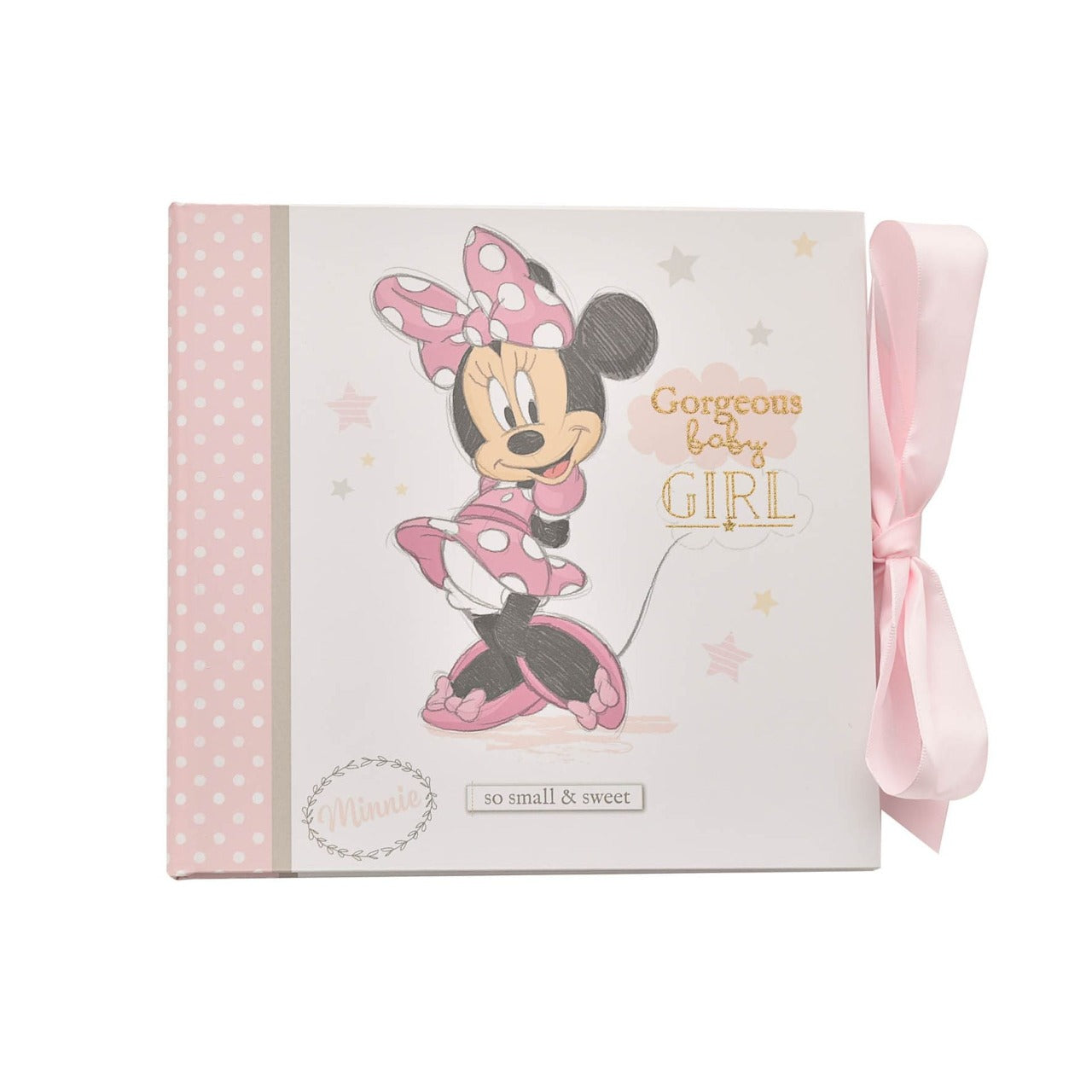 Disney Magical Beginnings Photo Album 4" x 6" Minnie Mouse  Add a touch of magic to your every day with this Magical Beginnings Photo Album.  As part of our range of classic Disney illustration giftware, this photo album displays a beautiful depiction of the classic Disney character, Minnie Mouse, 'Gorgeous Baby Girl' gold glitter lettering and space for fifty 4" x 6" photos.