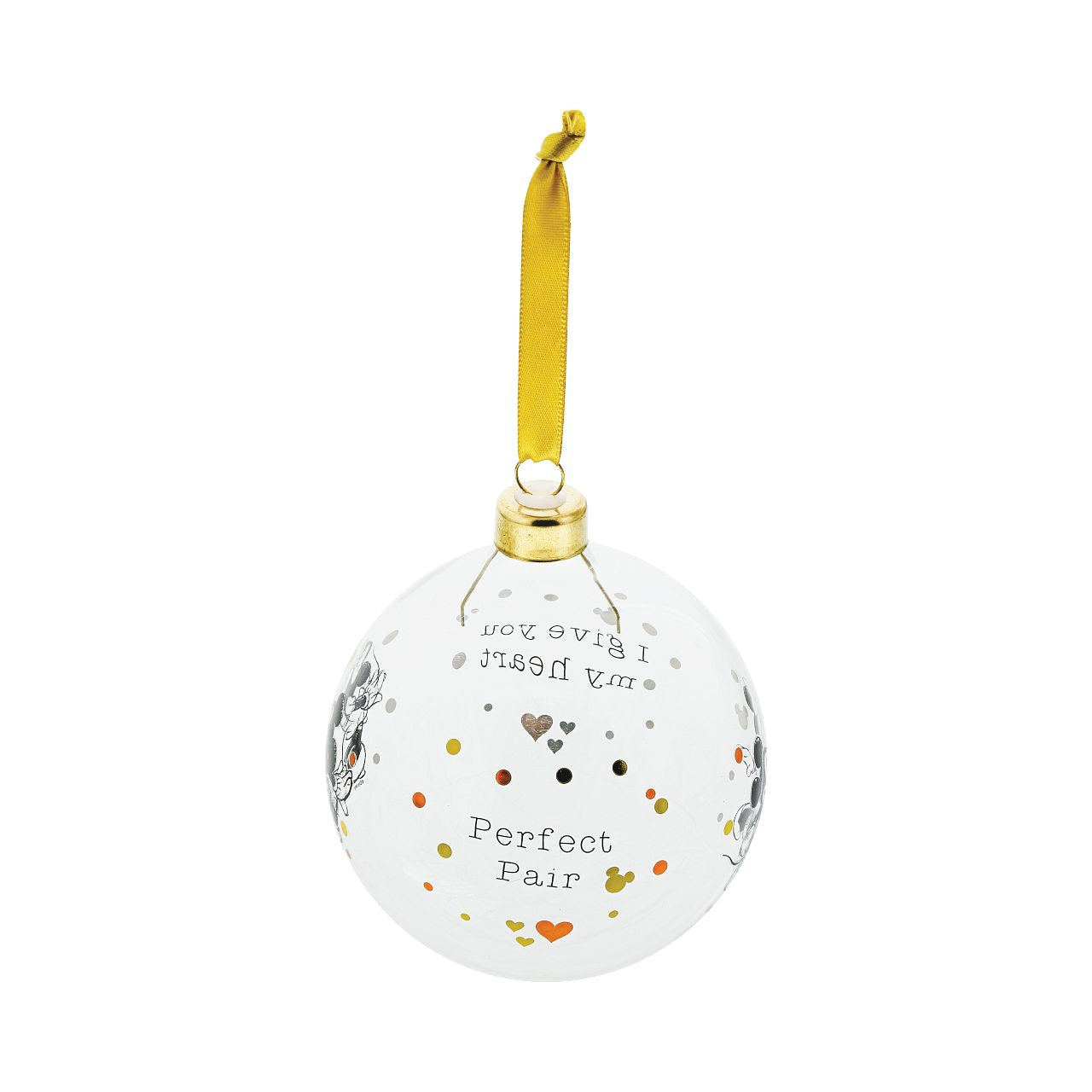 Disney Mickey and Minnie Mouse Christmas Bauble  This glass Mickey and Minnie Mouse bauble is the perfect gift to remind the happy couple they are the perfect pair. The bauble is strung with gold ribbon and is presented in a Disney branded gift box.