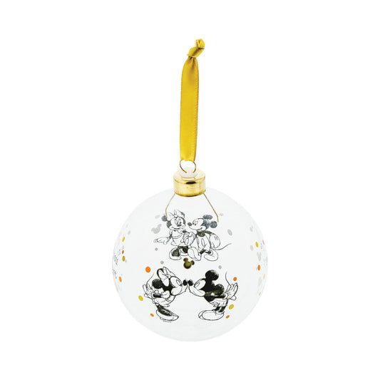 Disney Mickey and Minnie Mouse Christmas Bauble  This glass Mickey and Minnie Mouse bauble is the perfect gift to remind the happy couple they are the perfect pair. The bauble is strung with gold ribbon and is presented in a Disney branded gift box.