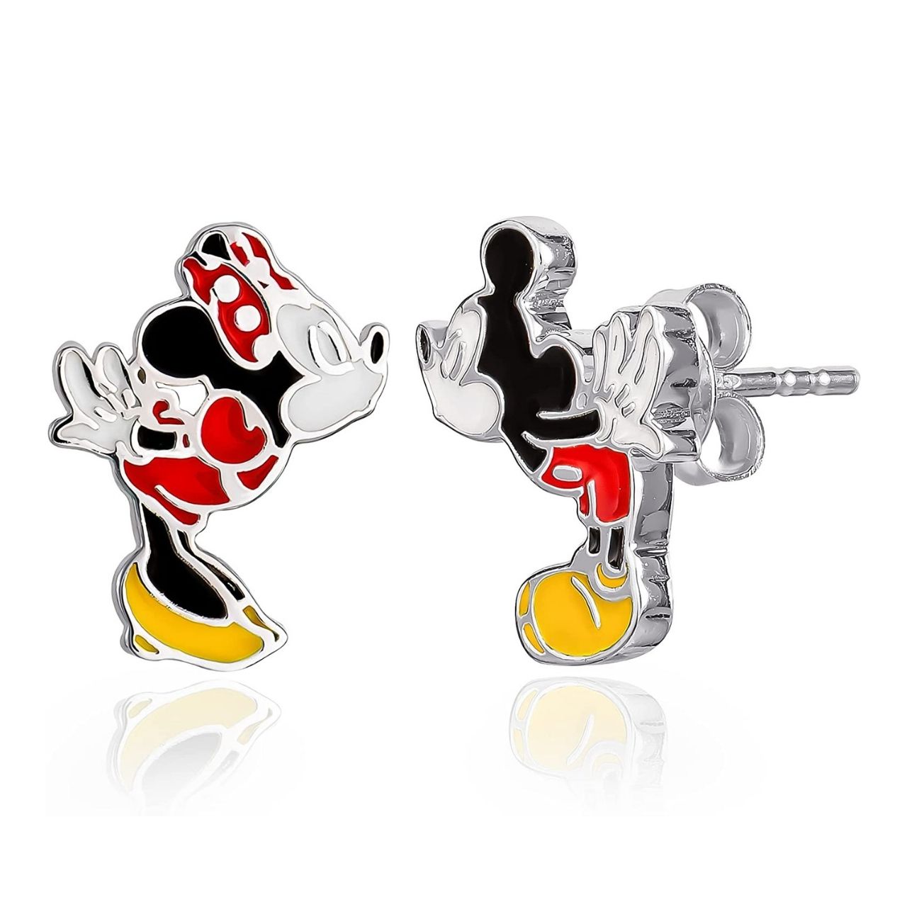 Peers Hardy Disney Mickey and Minnie Mouse Mismatched Stud Earrings  This classic adorable pair has a unique mismatched quality of Mickey and Minnie Mouse Kissing, one in Mickeys shape one in Minnies shape leaning into a kiss and giving a playful twist to this classic accessory.  Trendy and fashionable design, the Disney Mickey & Minnie Mouse kissing famous pose Sterling Silver Stud Earrings add a chic, fun touch to any outfit.