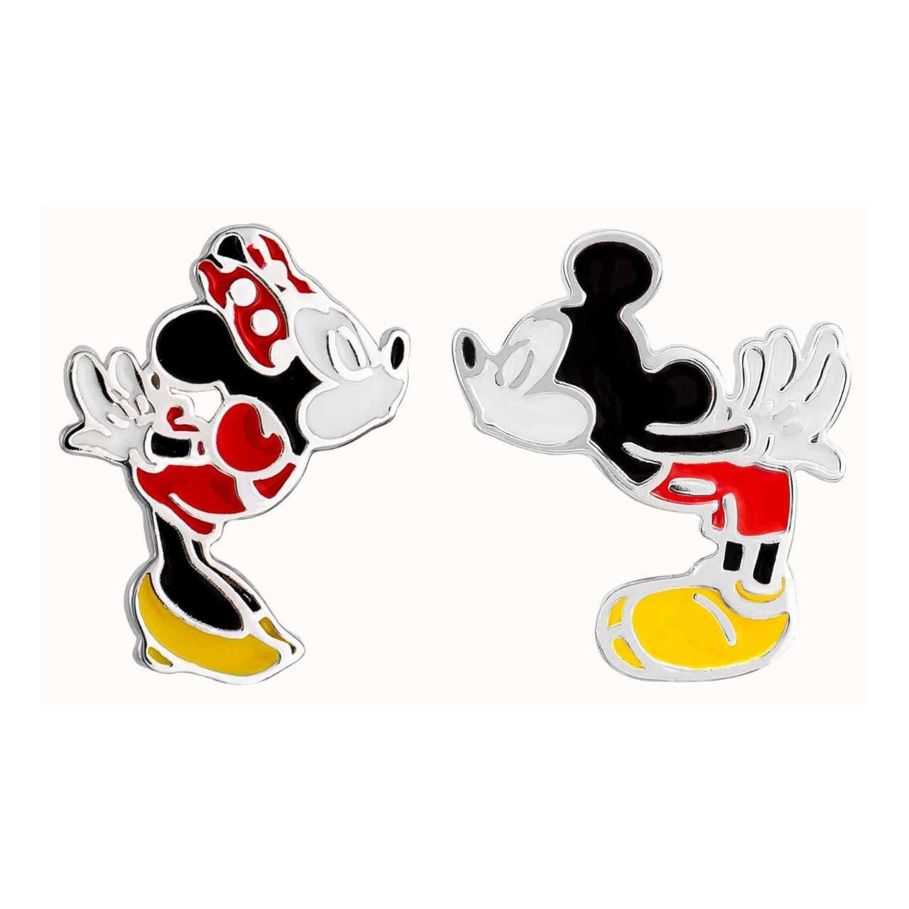 Peers Hardy Disney Mickey and Minnie Mouse Mismatched Stud Earrings  This classic adorable pair has a unique mismatched quality of Mickey and Minnie Mouse Kissing, one in Mickeys shape one in Minnies shape leaning into a kiss and giving a playful twist to this classic accessory.  Trendy and fashionable design, the Disney Mickey & Minnie Mouse kissing famous pose Sterling Silver Stud Earrings add a chic, fun touch to any outfit.