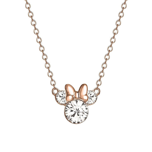 Disney Micky & Minnie Silver Silhouette Rose Gold Bow CZ Pendant  Stunning silver Pendant Necklace form a silhouette of Micky & Minnie Mouse's with Rose Gold bow and CZ Crystals adding a feminine touch to the Disney classic piece of Jewellery.  Trendy and fashionable two tone design, the Disney Micky & Minnie Mouse Silhouette Sterling Silver pendant add a chic, fun touch to any outfit.
