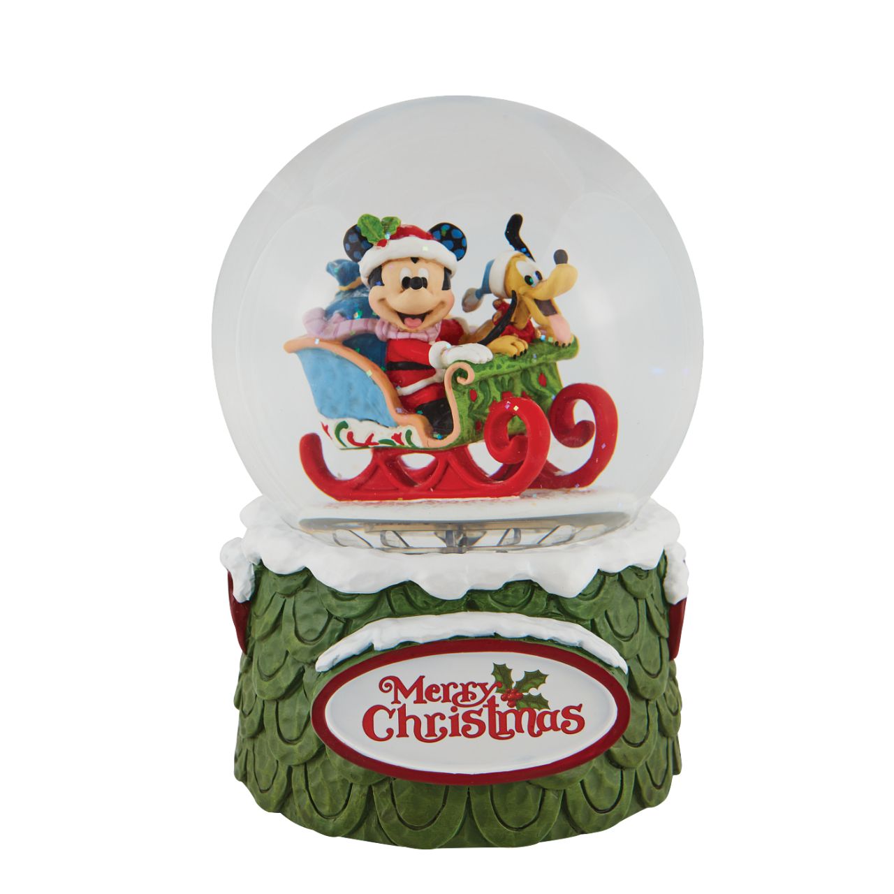Disney Mickey and Pluto Christmas Waterball  "Laughing All the Way" Make it snow all season long with this exquisitely crafted Disney snow globe by Jim Shore. Mickey plays Santa with his trusty steed, Pluto, riding shotgun.