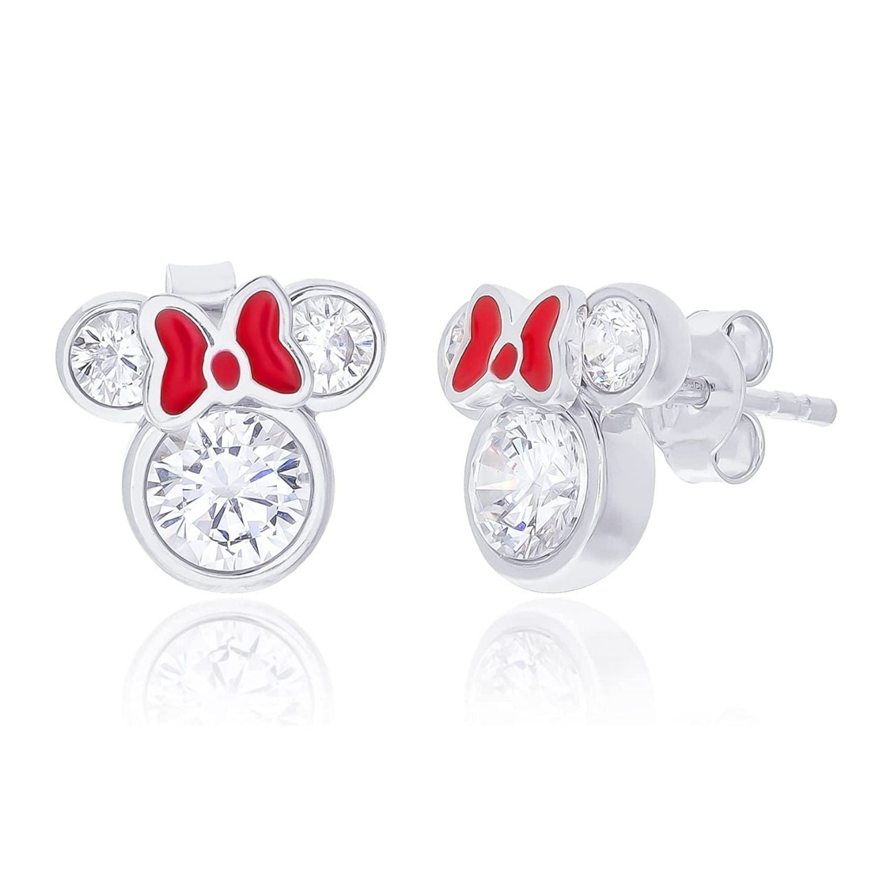 Peers Hardy Disney Minnie Mouse Sterling Silver CZ Crystals With Red Bow Stud Earrings  Very pretty and charming Minnie Mouse shaped earrings with Cubic Zirconia stones that gives them a diamond like sparkle for a classy and sophisticated look with a beautiful bright red bow.  Trendy and fashionable design, the Disney Minnie Mouse Cz Crystal Silver Stud Earrings add a chic, fun touch to any outfit.