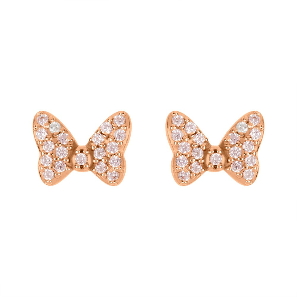 Disney Minnie Mouse Rose Gold Plated CZ Bow Earring  Peers Hardy Disney Minnie Mouse Rose Gold Plated CZ Bow Earring  This classic adorable pair has a unique quality of Minnie Mouse Bow tie.  Trendy and fashionable design, the Disney Minnie Mouse famous Bow Tie Rose Gold Plated Stud Earrings will add a chic, fun touch to any outfit.