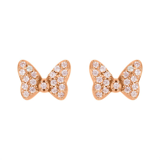 Disney Minnie Mouse Rose Gold Plated CZ Bow Earring  Peers Hardy Disney Minnie Mouse Rose Gold Plated CZ Bow Earring  This classic adorable pair has a unique quality of Minnie Mouse Bow tie.  Trendy and fashionable design, the Disney Minnie Mouse famous Bow Tie Rose Gold Plated Stud Earrings will add a chic, fun touch to any outfit.