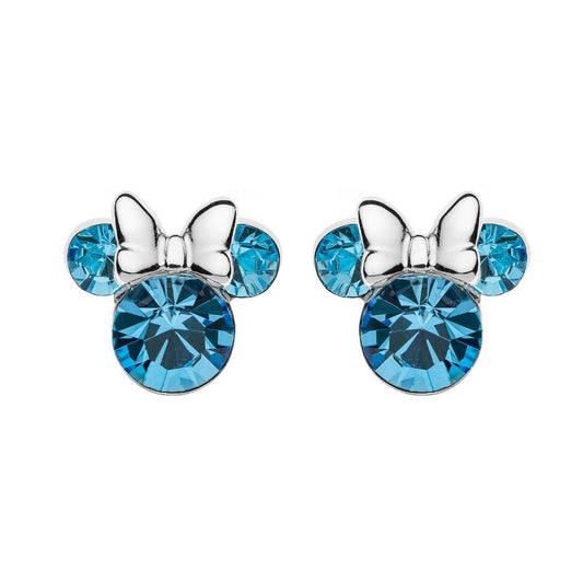 Disney Minnie Mouse Sterling Silver Birthstone Earrings Light Blue  Light Blue March Birthstone  Stunning silver Birthstone Earring form a silhouette of Minnie Mouse's with Light Blue CZ Crystals adding a feminine touch to the Disney classic piece of Jewellery.  Trendy and fashionable design, the Disney Minnie Mouse Silhouette Sterling Silver earrings add a chic, fun touch to any outfit.