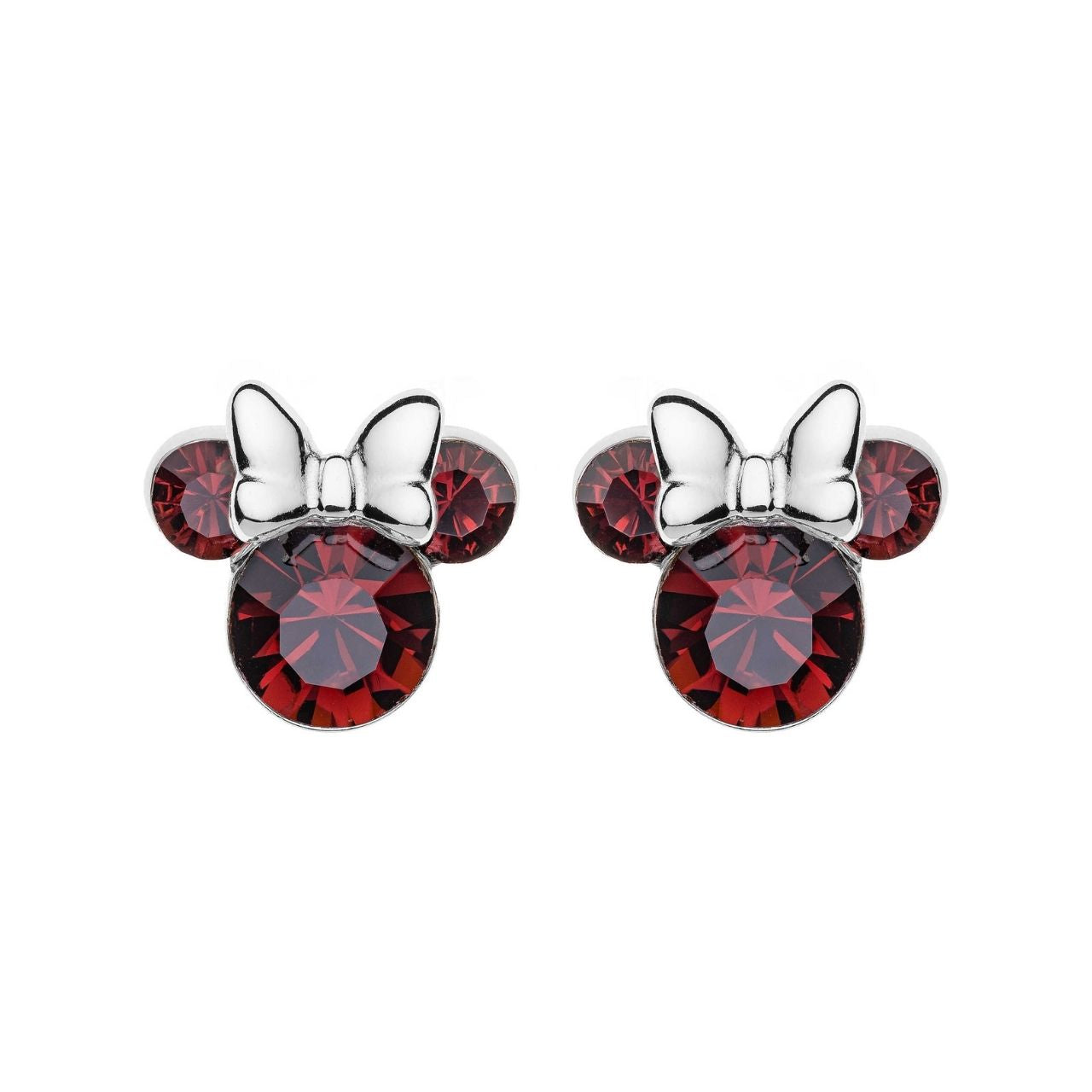Disney Minnie Mouse Sterling Silver Birthstone Earrings Red  Red January Birthstone  Stunning silver Birthstone Earring form a silhouette of Minnie Mouse's with red CZ Crystals adding a feminine touch to the Disney classic piece of Jewellery.  Trendy and fashionable two tone design, the Disney Minnie Mouse Silhouette Sterling Silver earrings add a chic, fun touch to any outfit.