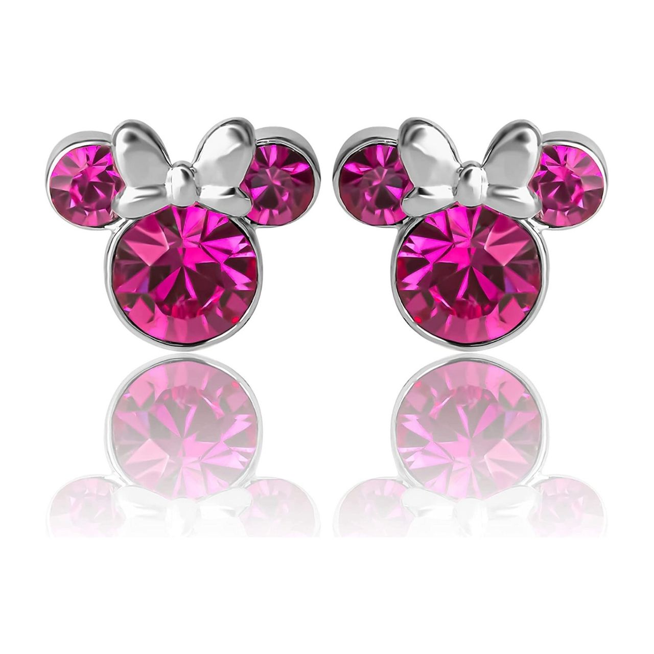 Disney Minnie Mouse Sterling Silver Birthstone Earrings Pink Rose  Pink Rose October Birthstone  Stunning silver Birthstone earrings form a silhouette of Minnie Mouse with pink rose CZ Crystals adding a feminine touch to the Disney classic piece of Jewellery.  Trendy and fashionable design, the Disney Minnie Mouse silhouette sterling silver earrings add a chic, fun touch to any outfit.