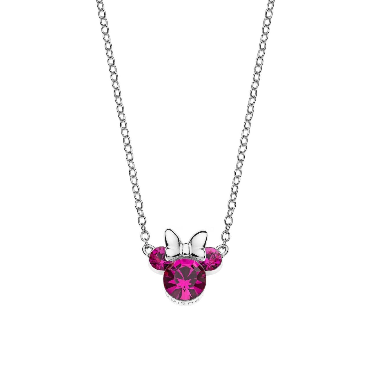 Disney Minnie Silver CZ Pink Stone Pendant Necklace  Stunning silver Pendant Necklace form a silhouette of Minnie Mouse's with silver bow and Pink CZ Crystals adding a feminine touch to the Disney classic piece of Jewellery.  Trendy and fashionable silver design, the Disney Minnie Mouse Silhouette Sterling Silver pendant with pink CZ crystals add a chic, fun touch to any outfit.